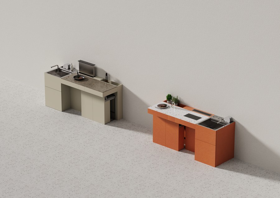 ALLinOne Circular — two kitchen configurations, stone and terracotta finishes