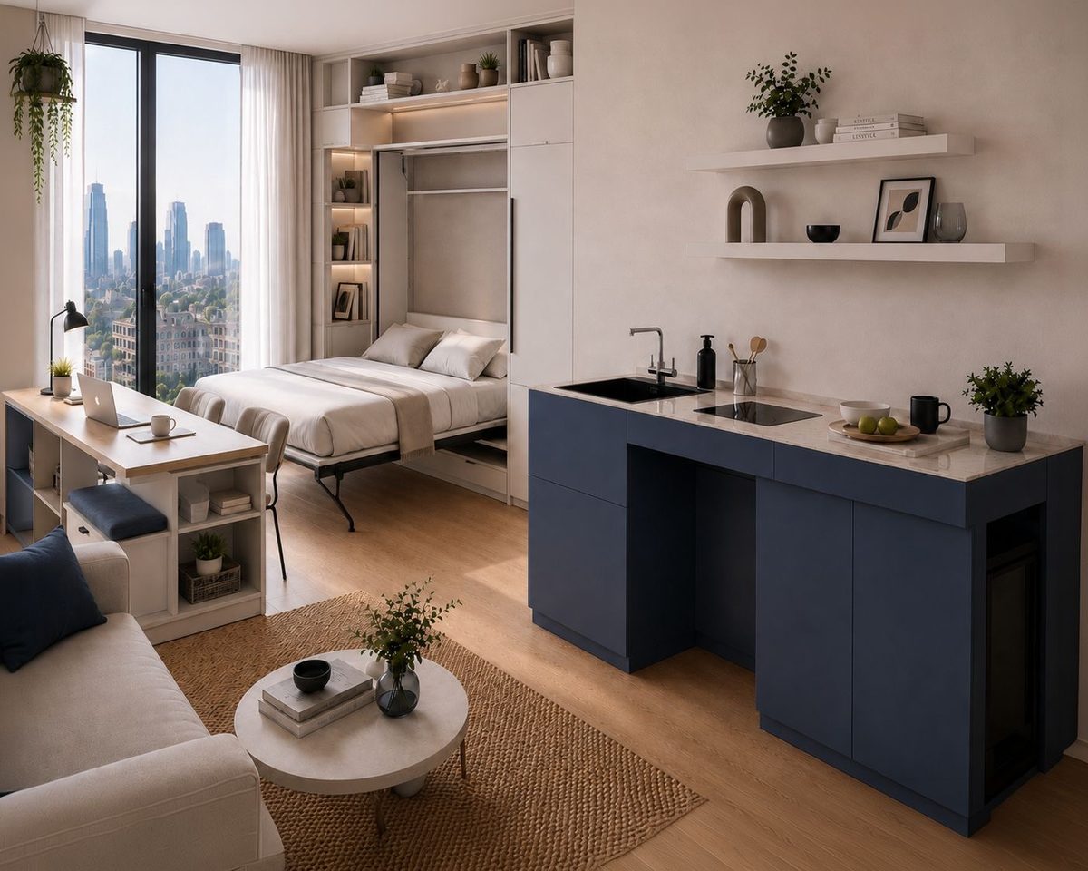 ALLinOne Circular — Navy finish in a micro-apartment with city views