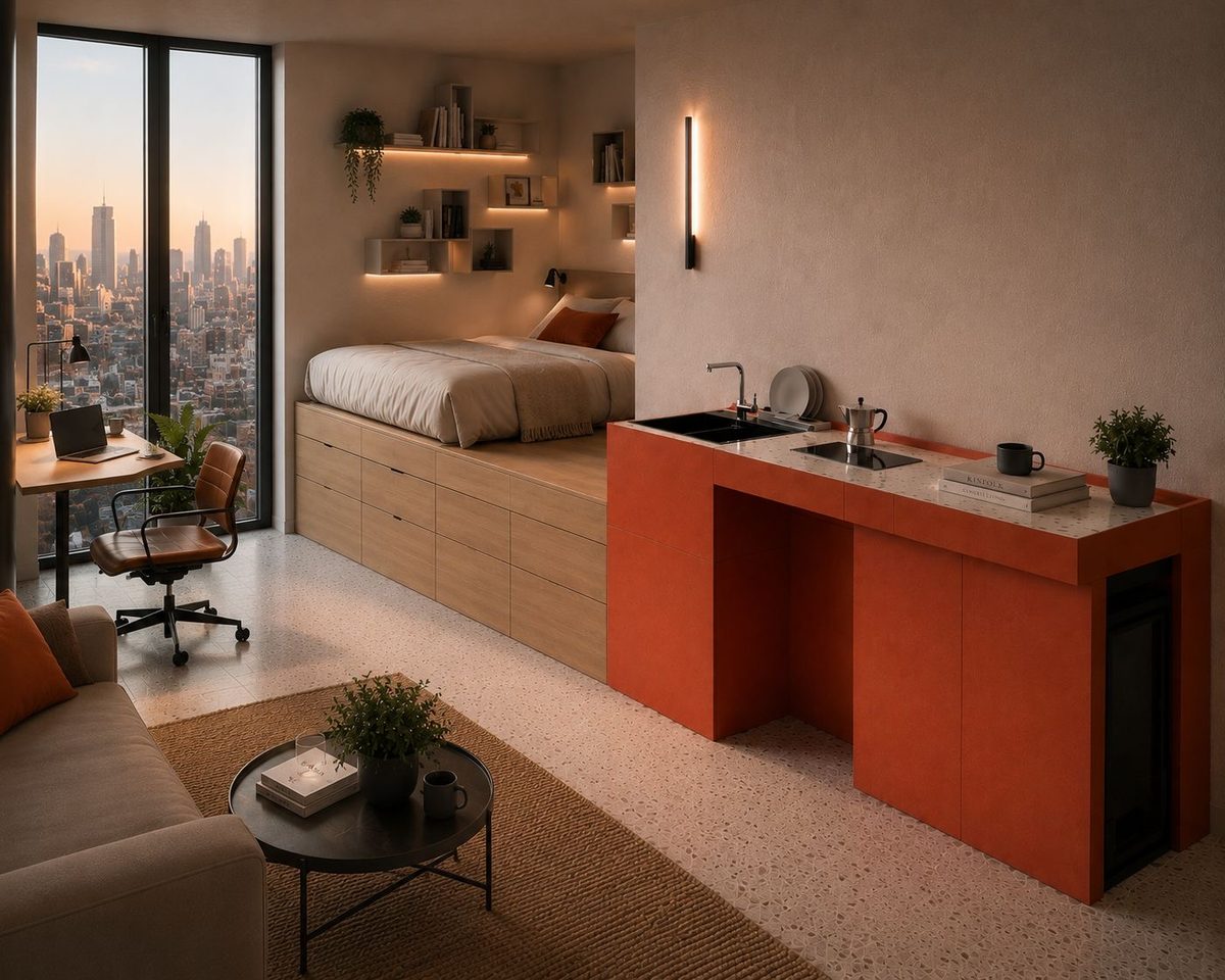 ALLinOne Circular — Terracotta finish in a rental apartment at sunset