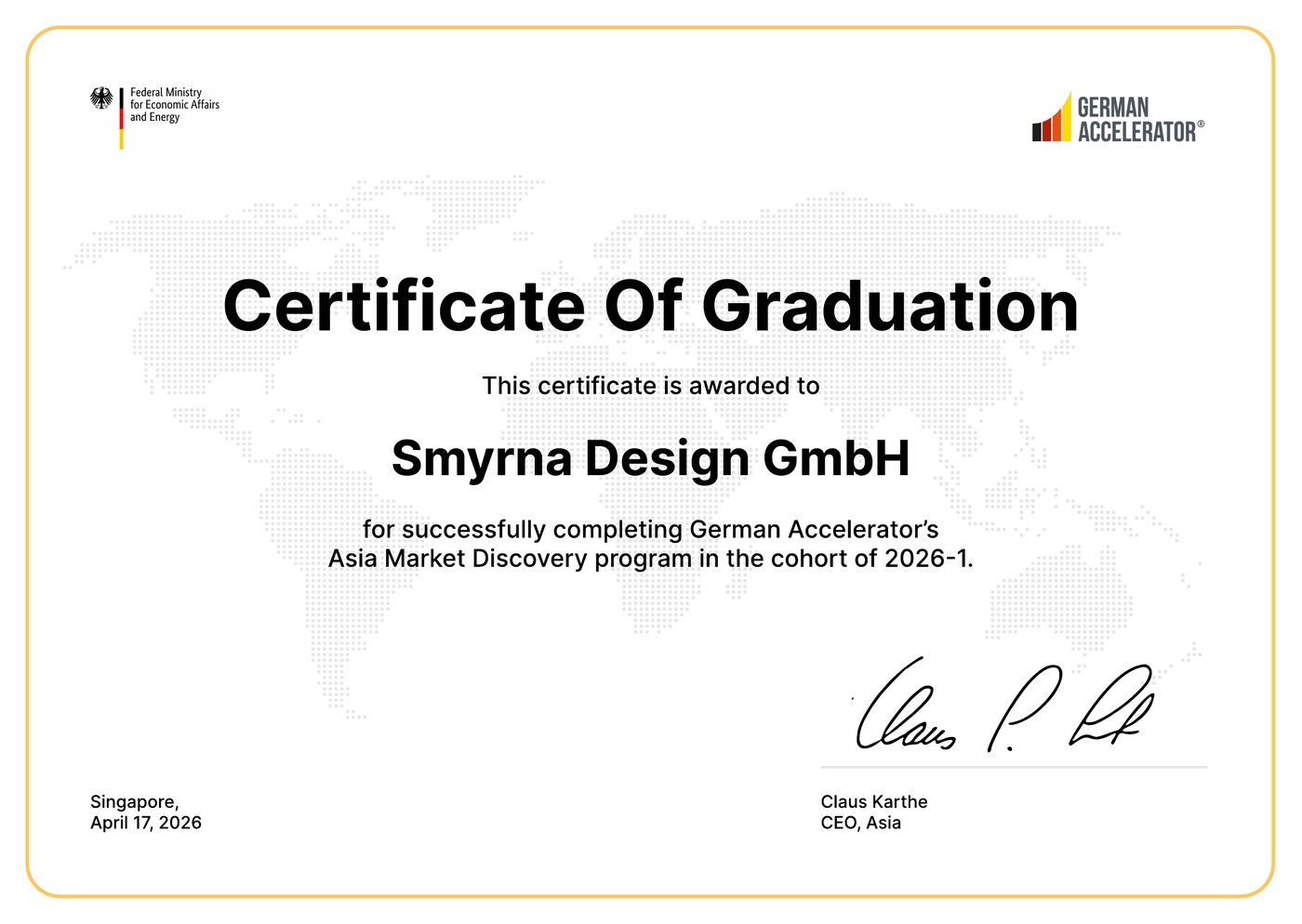 Certificate of Graduation — German Accelerator Asia Market Discovery program, Smyrna Design GmbH